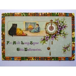 Vintage 1907 Halloween Postcard Black Cat, Clock & Fireplace Scene Flaking Gel